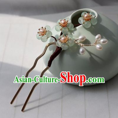 Chinese Ancient Women Green Beads Plum Hairpin Headwear Hair Accessories Hanfu Hair Clip