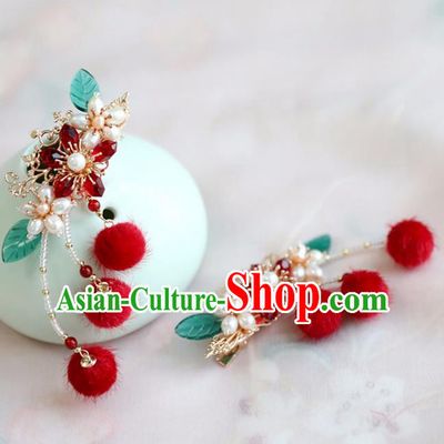 Chinese Ancient Red Venonat Hair Claws Headwear Women Hair Accessories Ming Dynasty Pearls Hair Stick