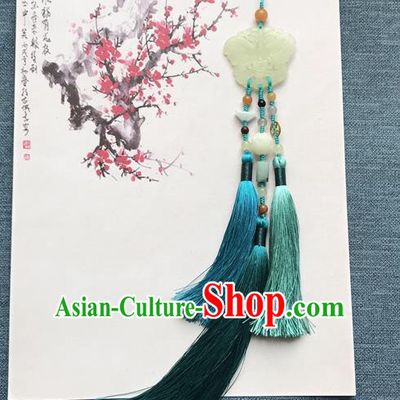 Chinese Ancient Carving Jade Butterfly Blue Tassel Pendant Women Accessories Qing Dynasty Court Brooch Jewelry
