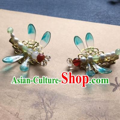 Chinese Ancient Women Blue Dragonfly Hair Claws Handmade Hairpin Headwear Hanfu Hair Accessories Pearls Hair Stick