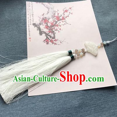 Chinese Ancient Hanfu Carving Fan Jade White Tassel Pendant Waist Accessories Jade Lappet Jewelry