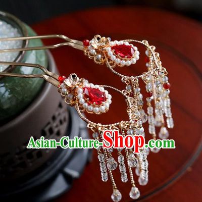 Chinese Ancient Red Crystal Hair Clips Headwear Women Hair Accessories Ming Dynasty Beads Tassel Hairpin