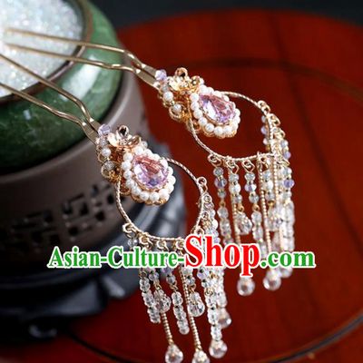Chinese Ancient Purple Crystal Hair Clips Headwear Women Hair Accessories Ming Dynasty Beads Tassel Hairpin