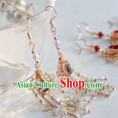 Chinese Ancient Hanfu Purple Crystal Earrings Women Jewelry Ming Dynasty Golden Ear Accessories