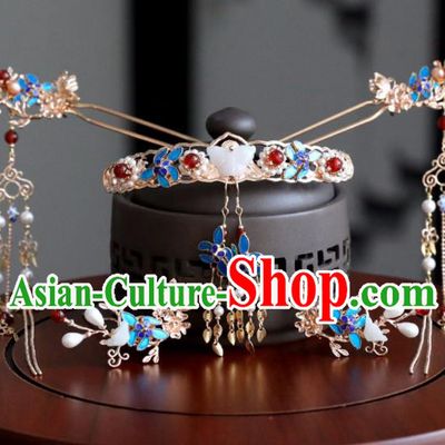 Chinese Ancient Cloisonne Hair Clips Headwear Women Hair Accessories Ming Dynasty Court Hair Comb Hairpin Complete Set