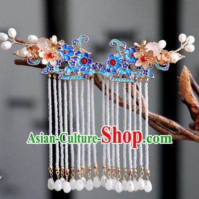 Chinese Ancient Cloisonne Tassel Hair Claws Headwear Women Hair Accessories Ming Dynasty Court Hair Stick Hairpin