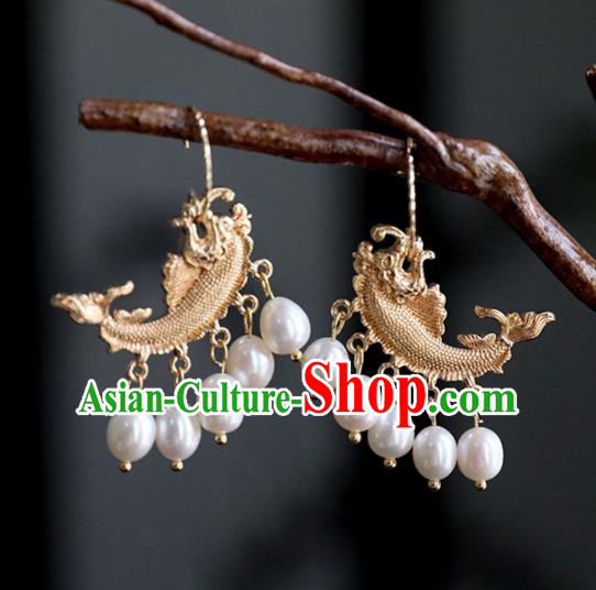 Chinese Ancient Hanfu Golden Carp Earrings Women Jewelry Ming Dynasty Ear Accessories