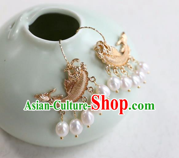 Chinese Ancient Hanfu Golden Carp Earrings Women Jewelry Ming Dynasty Ear Accessories