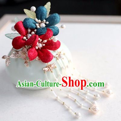 Chinese Ancient Red Silk Flowers Hair Claws Ming Dynasty Headwear Women Hair Accessories Tassel Hair Stick Hairpin