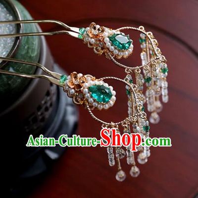Chinese Ancient Princess Green Hair Clips Ming Dynasty Headwear Women Hair Accessories Tassel Hairpins