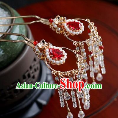 Chinese Ancient Princess Red Crystal Hair Clips Ming Dynasty Headwear Women Hair Accessories Tassel Hairpins