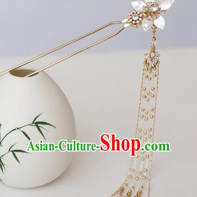 Chinese Ancient Hanfu Blue Crystal Shell Hairpin Headwear Women Hair Accessories Golden Beads Tassel Hair Clip