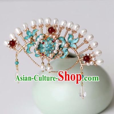 Chinese Ancient Pearls Green Hair Crown Headwear Women Hair Accessories Ming Dynasty Court Cloisonne Hairpin