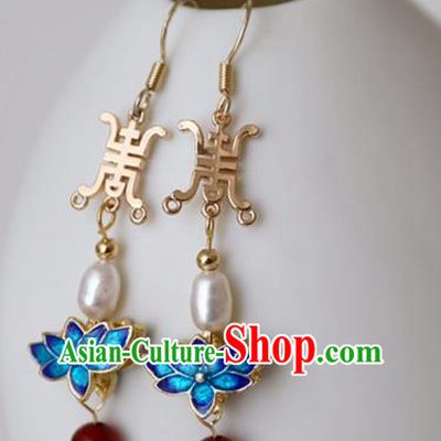 Chinese Ancient Hanfu Cloisonne Lotus Earrings Women Jewelry Ming Dynasty Pearl Ear Accessories