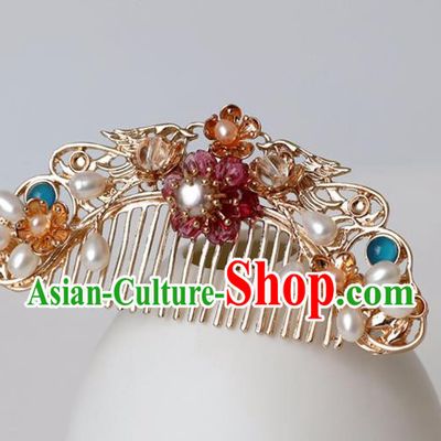 Chinese Ancient Hanfu Golden Hair Comb Hairpin Women Hair Accessories Tang Dynasty Pearls Headwear