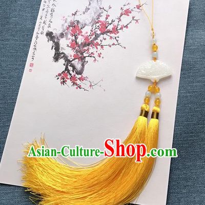 Chinese Ancient Hanfu Carving Fan Jade Yellow Tassel Pendant Waist Accessories Jade Lappet Jewelry