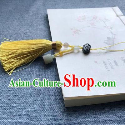 Chinese Ancient Hanfu Yellow Tassel Pendant Jade Seal Cloud Lappet Jewelry Brooch Accessories
