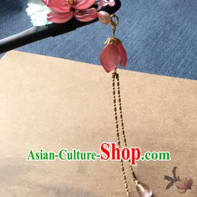 Chinese Ancient Women Red Lotus Hair Clip Handmade Headwear Hanfu Hair Accessories Ebony Tassel Hairpin