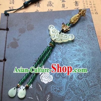 Chinese Ancient Hanfu Green Beads Tassel Pendant Jade Lappet Brooch Jewelry Carving Jade Accessories