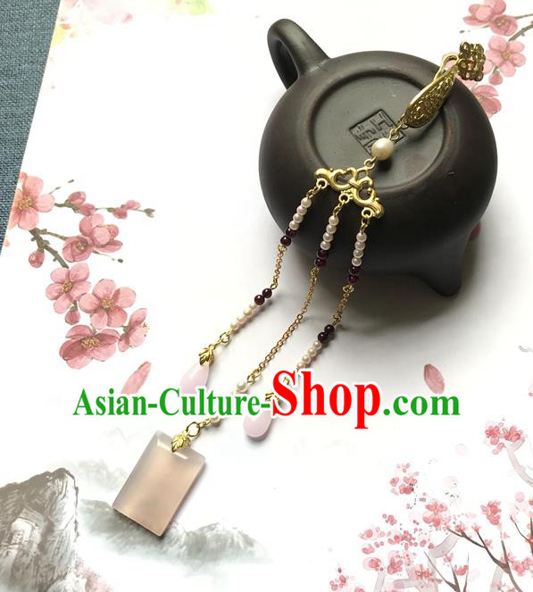 Chinese Ancient Hanfu Pearls Tassel Pendant Golden Lucky Lappet Brooch Jewelry Jade Accessories