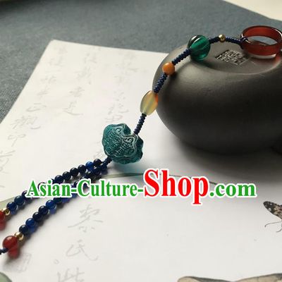 Chinese Ancient Hanfu Blue Beads Tassel Pendant Lappet Brooch Jewelry Green Coloured Glaze Accessories