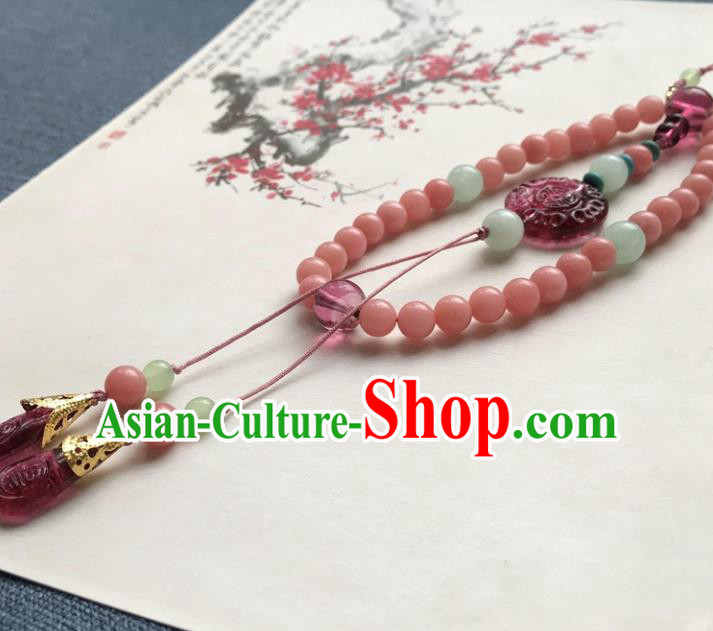 Chinese Ancient Hanfu Pink Beads Tassel Pendant Lappet Brooch Jewelry Carnelian Accessories