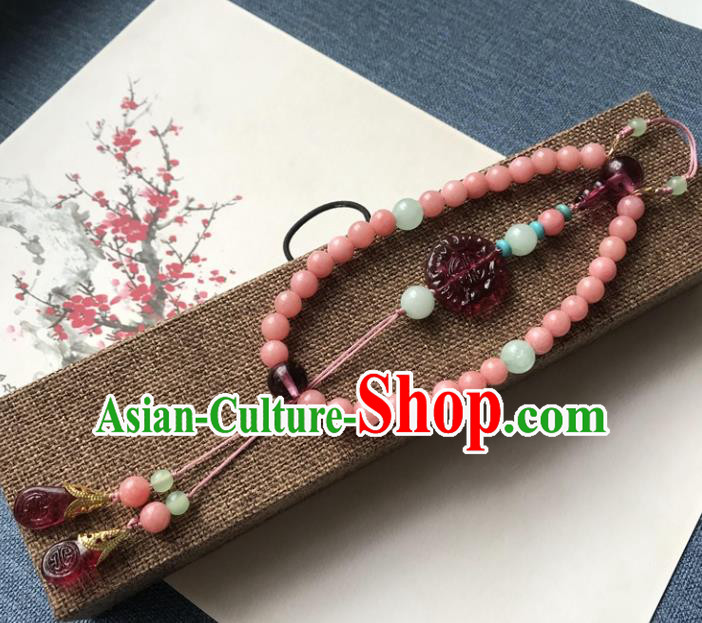 Chinese Ancient Hanfu Pink Beads Tassel Pendant Lappet Brooch Jewelry Carnelian Accessories