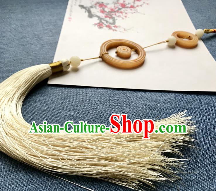 Chinese Ancient Hanfu Beige Tassel Pendant Yellow Jade Brooch Jewelry Accessories Lappet