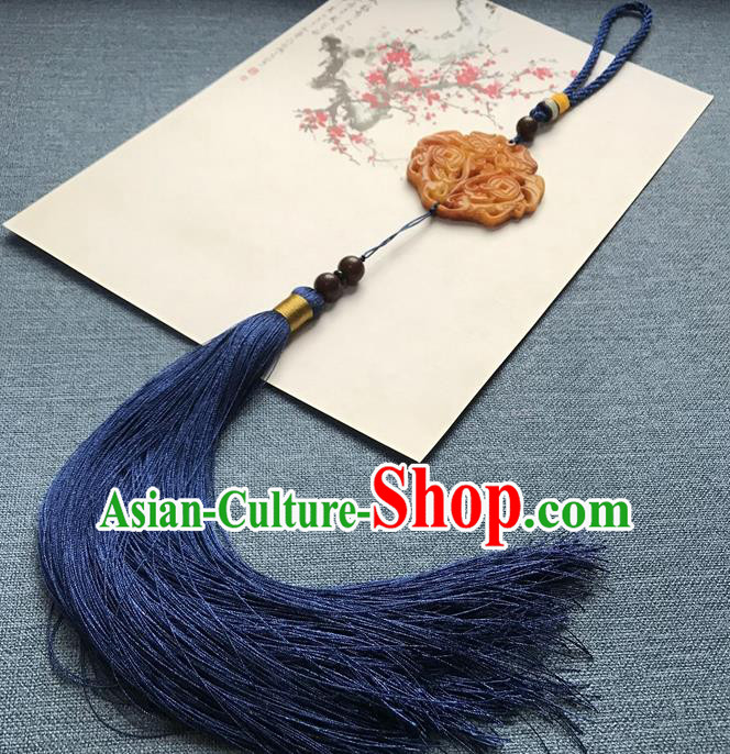 Chinese Ancient Hanfu Royalblue Tassel Pendant Yellow Jade Carving Brooch Jewelry Accessories Lappet Chinese Ancient Hanfu Royalblue Tassel Pendant Yellow Jade Carving Brooch Jewelry Accessories Lappet