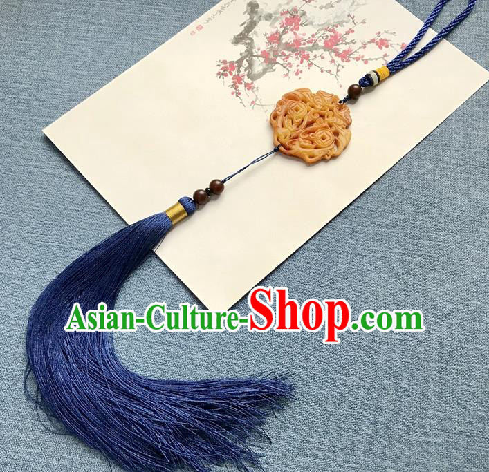 Chinese Ancient Hanfu Royalblue Tassel Pendant Yellow Jade Carving Brooch Jewelry Accessories Lappet Chinese Ancient Hanfu Royalblue Tassel Pendant Yellow Jade Carving Brooch Jewelry Accessories Lappet
