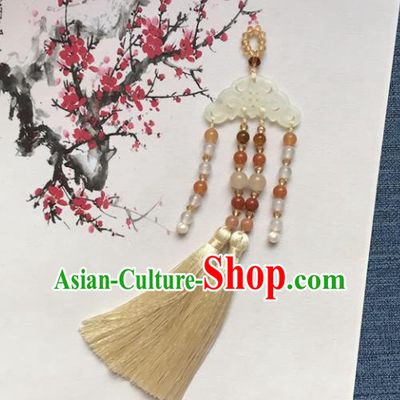 Chinese Ancient Court Hanfu Beige Tassel Brooch Pendant Jade Lappet Jewelry Accessories