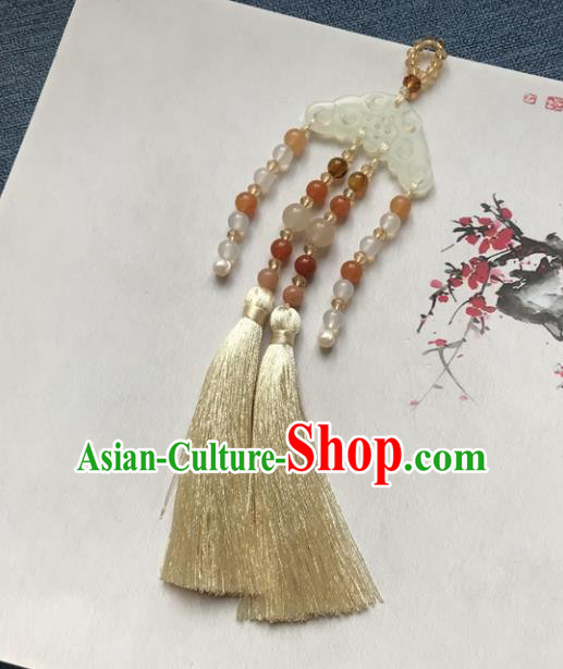Chinese Ancient Court Hanfu Beige Tassel Brooch Pendant Jade Lappet Jewelry Accessories