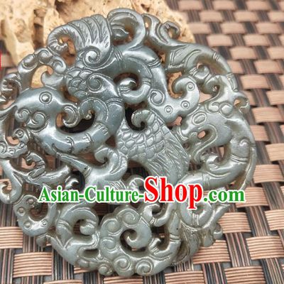 Chinese Handmade Jade Label Craft Hetian Jade Carving Dragon Phoenix Necklace Accessories Pendant