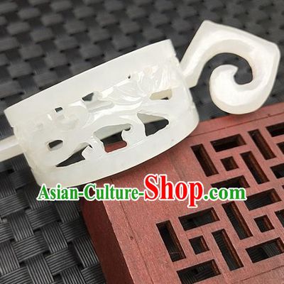 Chinese Ancient Hetian White Jade Carving Hairdo Crown Headwear Hanfu Jade Hairpin Scholar Pierced Hair Accessories