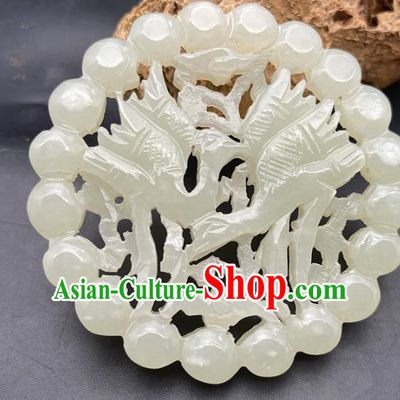 Chinese Ancient Carving Double Cranes Jade Necklace Accessories Hetian Jade Pendant Jade Label Craft