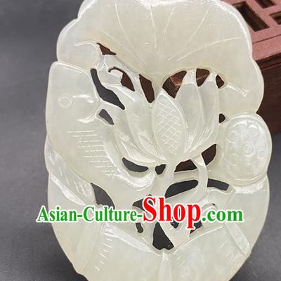 Chinese Ancient Carving Fish Lotus Jade Necklace Accessories Jade Label Craft Hetian Jade Pendant