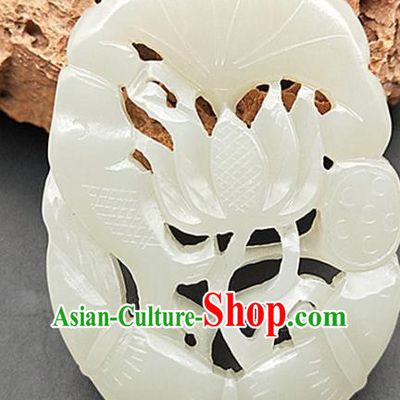 Chinese White Hetian Jade Waist Accessories Handgrip Craft Handmade Jade Jewelry Carving Jade Fish Lotus Pendant