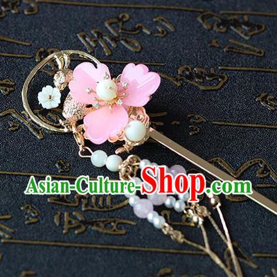 Chinese Ancient Hanfu Pink Flower Hair Accessories Women Hairpin Headwear Tassel Hair Clip