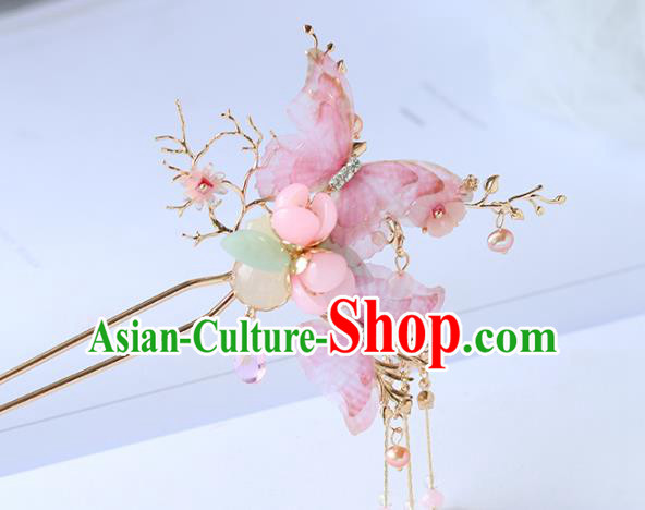Chinese Ancient Hair Clips Hanfu Hair Accessories Women Pink Silk Butterfly Hairpin Headwear