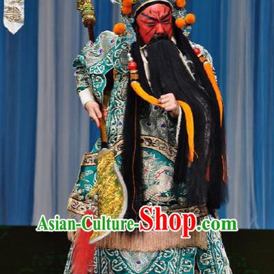 Chinese Peking Opera General Apparel Costumes The Huarong Path Minister Guan Yu Garment Kao Armor Suit and Helmet