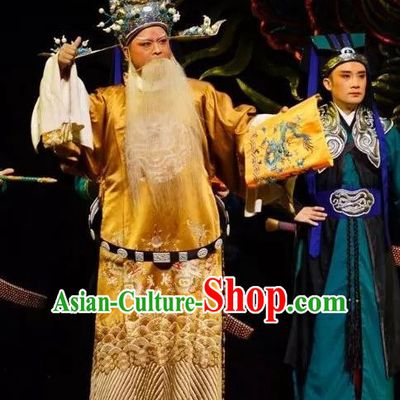 Chinese Peking Opera Embroidered Robe Garment Double Pearl Phoenix Old Men Apparel Costumes and Hat