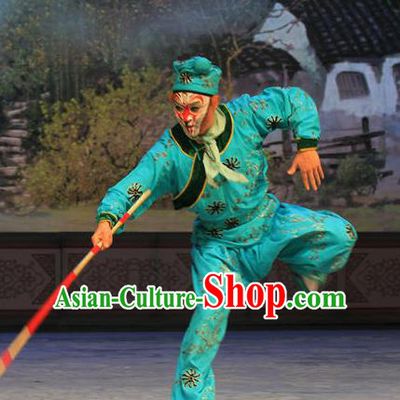 Chinese Peking Opera Wusheng Green Garment Martial Men A Monkey King Costumes Sun Wukong Takefu Apparel Suit and Hat