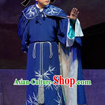 Chinese Cantonese Opera Young Men Xiaosheng Garment Princess Chang Ping Costumes Niche Zhou Shixian Blue Apparels and Hat