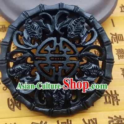 Chinese Handmade Carving Bats Jade Label Belt Accessories Handgrip Craft Handmade Black Jade Waist Pendant