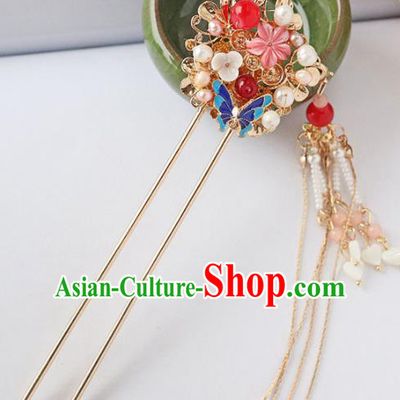 Chinese Ancient Blueing Tassel Hair Clip Hanfu Hair Accessories Ming Dynasty Women Headwear Pearls Hairpin