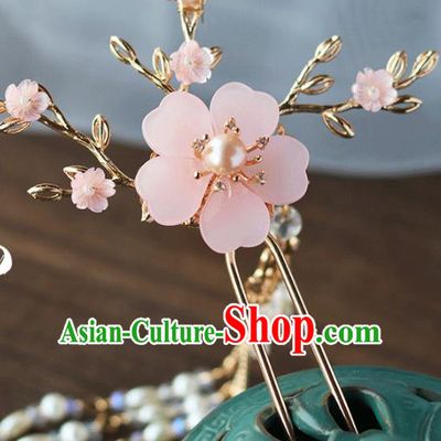 Chinese Ancient Hanfu Pearls Tassel Hair Clip Hair Accessories Women Headwear Pink Flower Hairpin