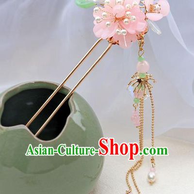 Chinese Ancient Pink Flower Hair Clip Hanfu Hair Accessories Tassel Hairpin Women Headwear