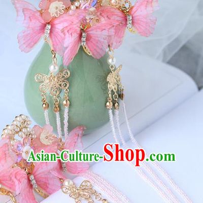 Chinese Ancient Hanfu Pink Silk Butterfly Hair Claws Hair Accessories Women Headwear Tassel Hair Stick Hairpins