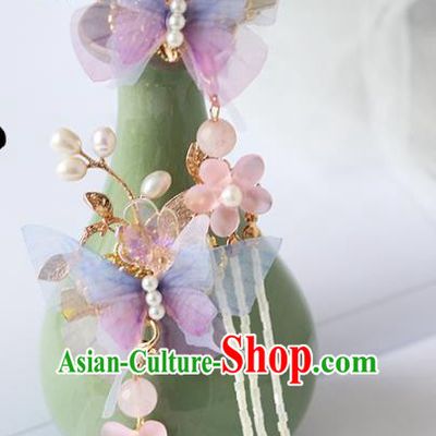 Chinese Ancient Hanfu Purple Silk Butterfly Hair Claws Hair Accessories Women Headwear Tassel Hair Stick Hairpins