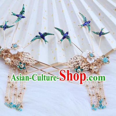 Chinese Ancient Hanfu Hair Clip Hair Accessories Women Headwear Blueing Birds Tassel Hairpin